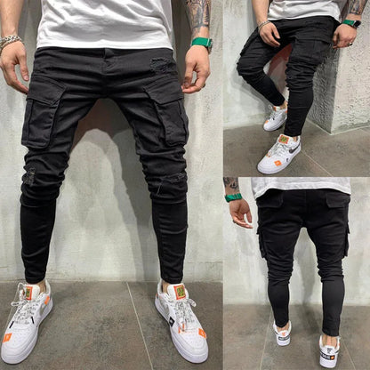 Pantalones vaqueros negros de hombre, corte ajustado, color gris, estilo casual, ajustados, estilo hip hop, urbano, de algodón.