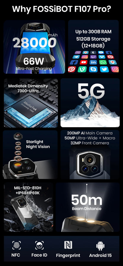 Teléfono móvil resistente Fossibot F107 Pro, 30 (12+18) GB + 512 GB, Android 15, batería de 28000 mAh, carga rápida de 66 W, cámara de 200 MP + 32 MP, 5G, NFC/GPS, doble linterna brillante.