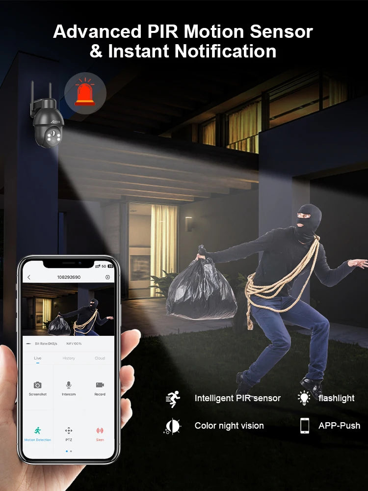 Cámara de seguridad inalámbrica solar ANRAN de 3 MP para exteriores con WiFi, audio bidireccional, resistente al agua IP66, visualización remota, flash y foco.
