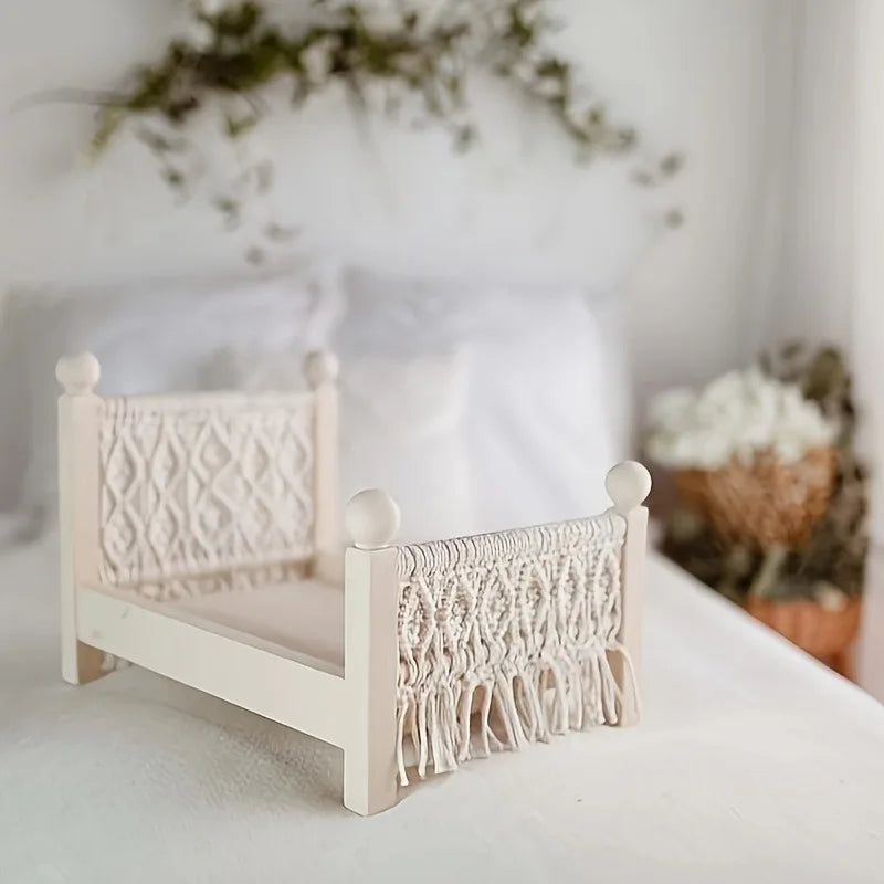 Cama de madera tejida blanca desmontada, estilo bohemio rústico europeo, accesorio de fotografía, decoración del hogar, sesiones de fotos