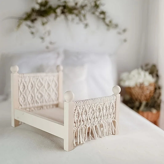 Cama de madera tejida blanca desmontada, estilo bohemio rústico europeo, accesorio de fotografía, decoración del hogar, sesiones de fotos