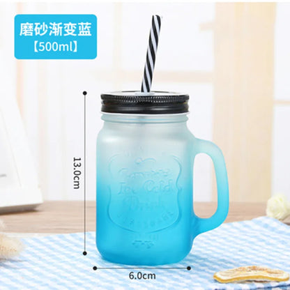 Jarra de vidrio de 480 ml, 500 ml y 16 oz con tapa de hierro y pajita de plástico, cuadrada, con degradado de color.