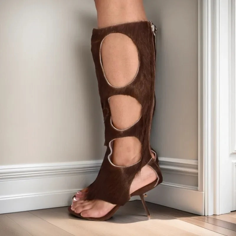 Botas de lujo para mujer (2025) | Tacón de aguja recortado con crin de caballo auténtica y cremallera trasera | Zapatos de vestir para fiestas de noche y club