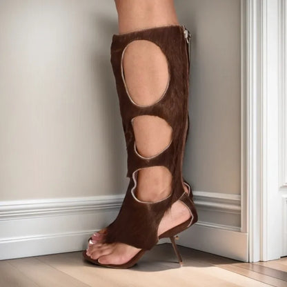 Botas de lujo para mujer (2025) | Tacón de aguja recortado con crin de caballo auténtica y cremallera trasera | Zapatos de vestir para fiestas de noche y club