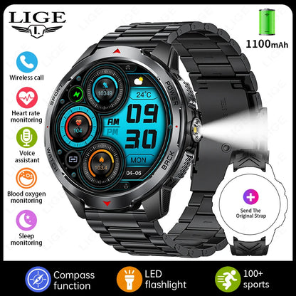 Reloj inteligente deportivo para exteriores para hombre, con batería grande de 1100 mAh, brújula, linterna LED, control del ritmo cardíaco, compatible con Android e iOS.