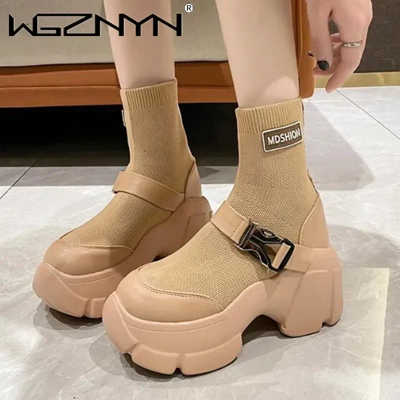 Botines de plataforma alta de 8 cm para mujer, botas cortas con suela gruesa y suela gruesa, antideslizantes, para motocicleta, para otoño
