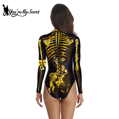 [You're My Secret] Halloween Costume Cosplay Skeleton Print Zenti Bodysuits Carnival Party Jumpsuit Outfit Women Day of The Dead