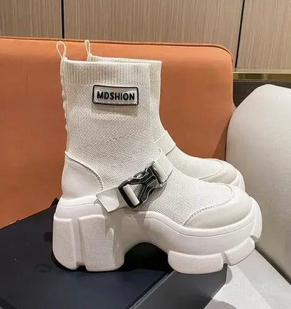 Botines de plataforma alta de 8 cm para mujer, botas cortas con suela gruesa y suela gruesa, antideslizantes, para motocicleta, para otoño