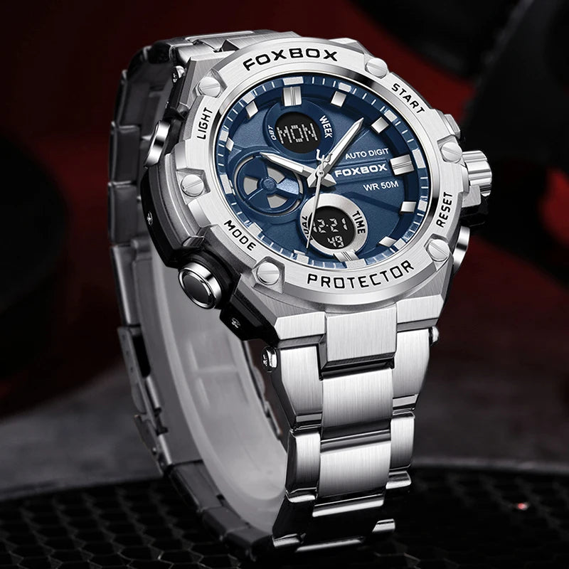 FOXBOX Relojes deportivos de lujo para hombre, reloj de pulsera de cuarzo de lujo, acero, resistente al agua, doble pantalla, relojes militares para hombre, reloj hommes