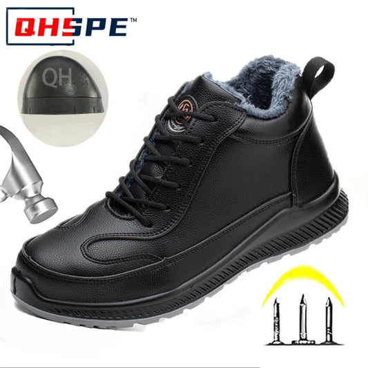Plush Labor Protection Shoes for Winter Work Shoes Men's Anti Smashing Anti Piercing Microfiber Leather Work Cotton Safety Shoes