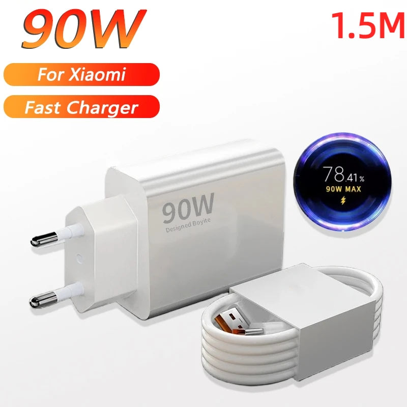 Cargador Xiaomi de 90 W, carga rápida y eficiente, adaptador de corriente de pared con turbocompresor, cable tipo C de 1/1,5/2 m y 6 A para Mi 15, 14 Ultra Pro, POCO X7 y X6
