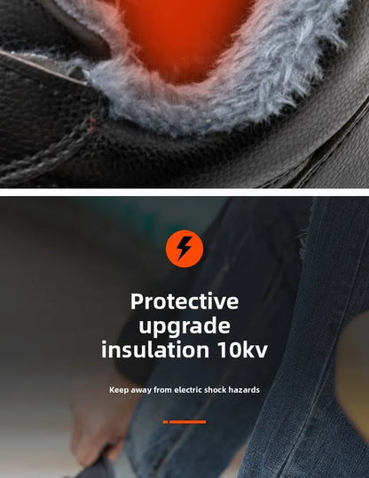 Calzado de seguridad de felpa para trabajos de invierno, resistente a impactos y perforaciones, fabricado en piel sintética de microfibra y algodón.