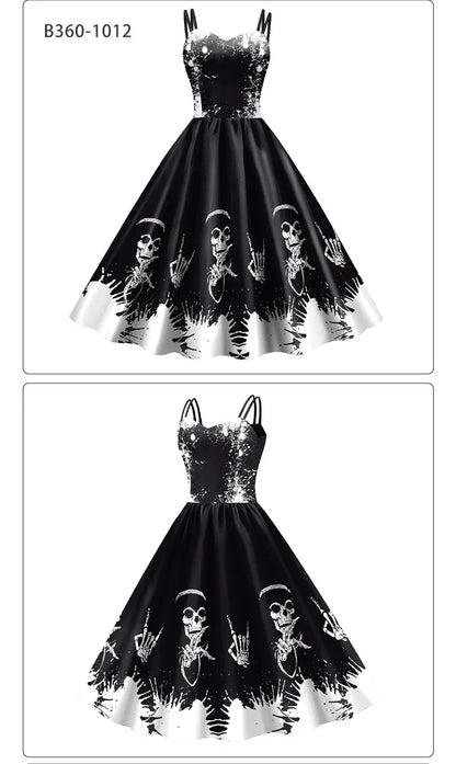 Halloween Costume Skeleton Rose Print Women Girl Female Goth Horror Rockabilly Carnival Fancy Dress Up Party Performance