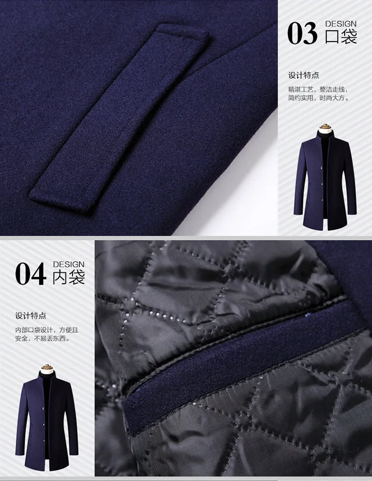 Tallas EUR S-XXL. Abrigo de lana grueso y cálido para hombre, con cuello alto, estilo casual de negocios, corte ajustado. Chaqueta de lana cortavientos para hombre.