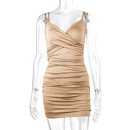 7 Color Sexy Wrinkled Pleated V Neck Sling Dress Short Club Ladies 2025 Summer Bodycon Dress Evening Party Tight Mini Dress D007