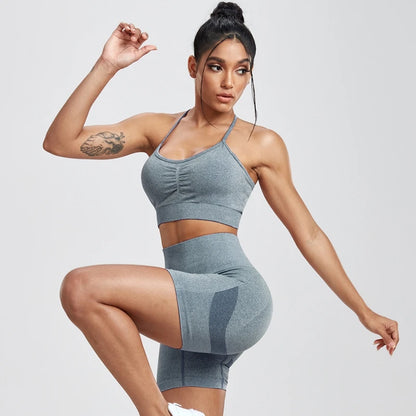 Conjuntos de dos piezas para mujer, pantalones cortos color melocotón, chándal femenino, conjunto de gimnasio, pantalones cortos de fitness con cuello halter, sujetador push up de verano