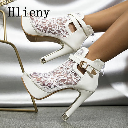 Hlieny Otoño Sexy Tela de Malla Plataforma Tacones Altos Botas Sandalias Mujer Peep Toe Club Nocturno Fiesta Stiletto Zapatos Femeninos