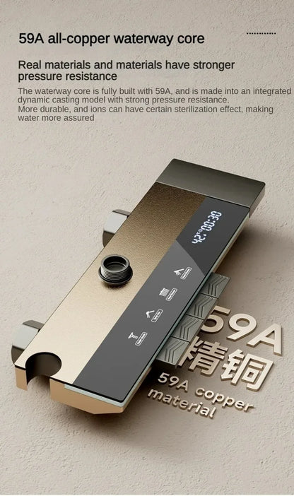 Juego de ducha gris con sistema de ducha inteligente de cuatro funciones con pantalla digital, ducha tipo lluvia a presión, grifería de pared con teclas de piano