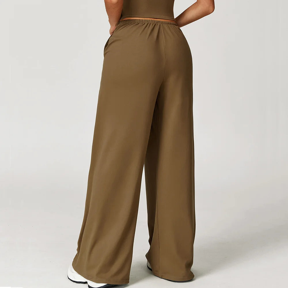 Pantalones de yoga de cintura alta para mujer, pantalones casuales holgados de pierna ancha, pantalones deportivos para mujer, pantalones para correr y fitness con cordón elástico
