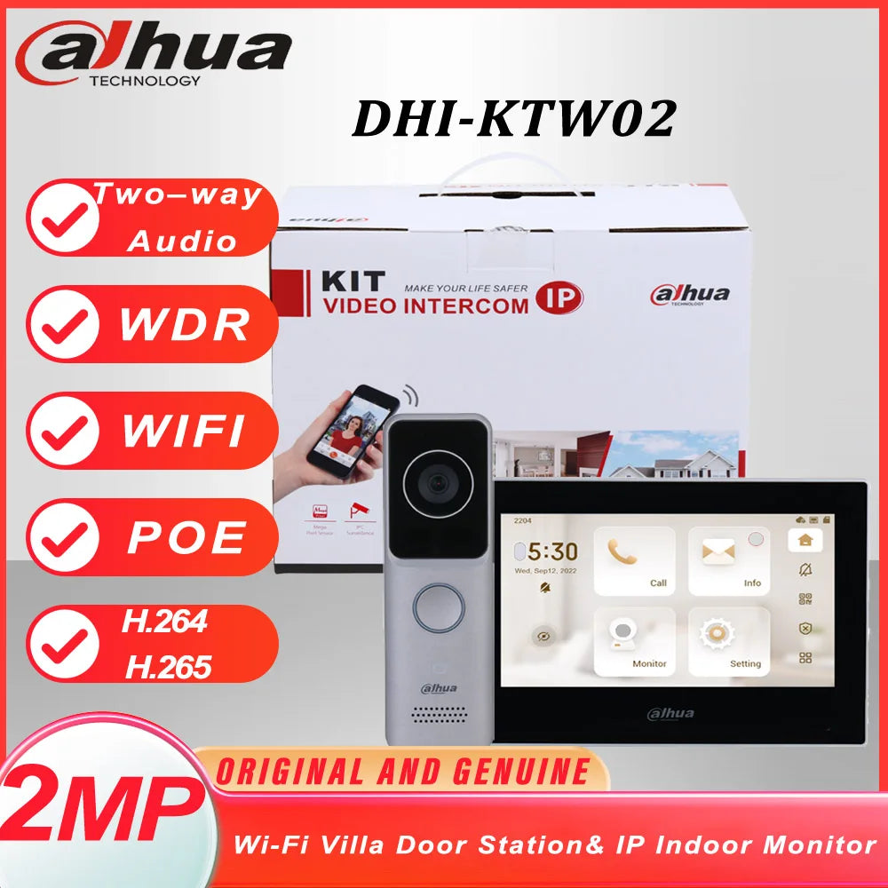 Dahua KTW02 VTO2311R-WP VTH2621G-WP Kit de videoportero con tarjeta IC PoE, WiFi, estación de puerta para villa, monitor IP para interiores, para hogar inteligente