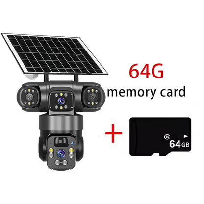 Cámara IP WiFi de 15 MP y 8K con tres lentes, resistente al agua y con carga solar para exteriores. Incluye visión nocturna, audio bidireccional y detección humana. Cámara de seguridad CCTV.