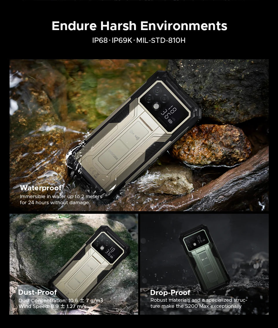 Teléfono resistente DOOGEE S200 Max, 16 GB + 512 GB, batería de 22000 mAh, procesador Dimensity 7050, pantalla de 6,72" a 120 Hz, pantalla trasera de 1,32", linterna dual.