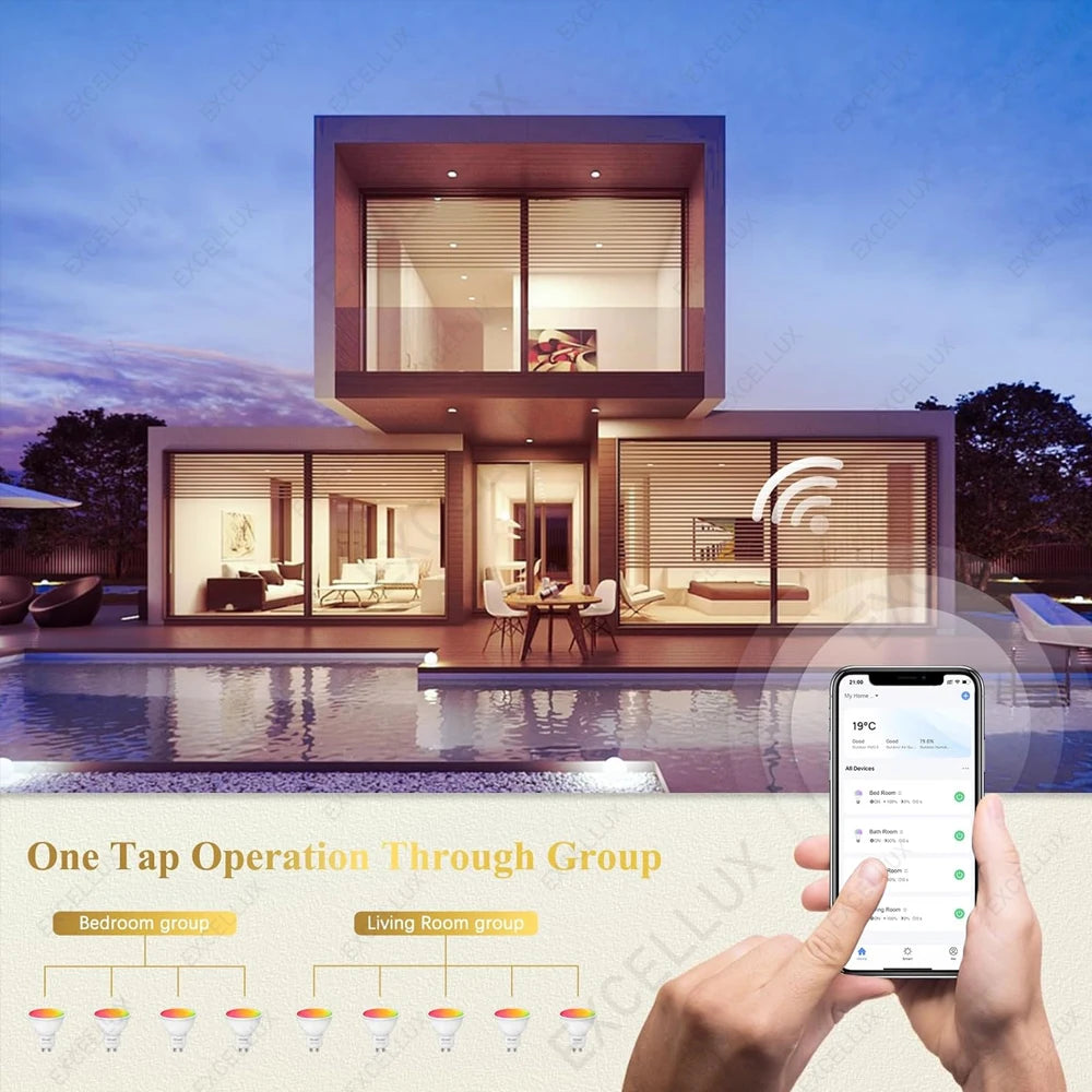 Bombillas LED inteligentes ZigBee GU10 WiFi RGB W+C 5W regulables con control por app. Compatibles con Alexa, Google y Alice Hub.