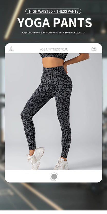 Pantalones de yoga con estampado de leopardo sin costuras para mujer, con realce de cadera y cintura alta, con alta elasticidad.
