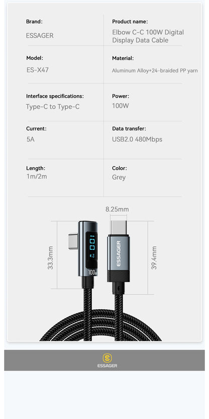 Cable USB C a tipo C Essager PD100W, cable de carga rápida con codo de 90 grados y pantalla para iPhone 15, Huawei, Samsung y MacBook Pro.
