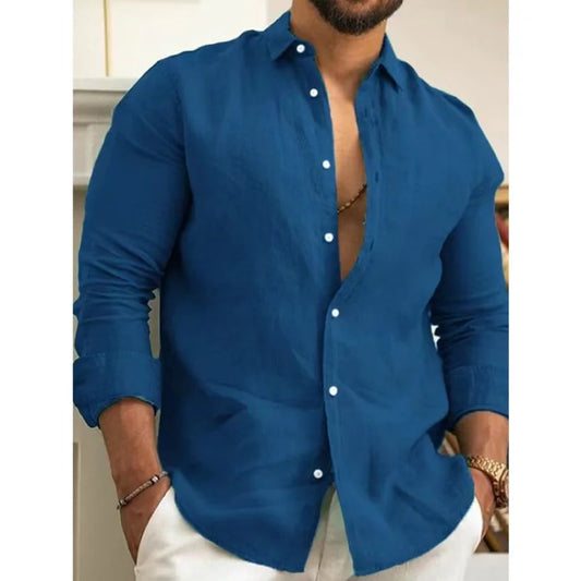Camisa vintage de algodón y lino para hombre, color liso, informal, con botones, para jóvenes, tallas grandes, para negocios y eventos sociales.