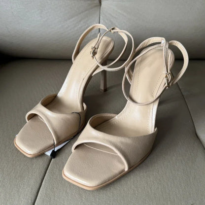 Sandalias de tacón alto con hebilla en el tobillo de charol dorado para mujer, zapatos sexis de punta cuadrada y punta abierta, zapatos de verano a la moda para fiesta y oficina.