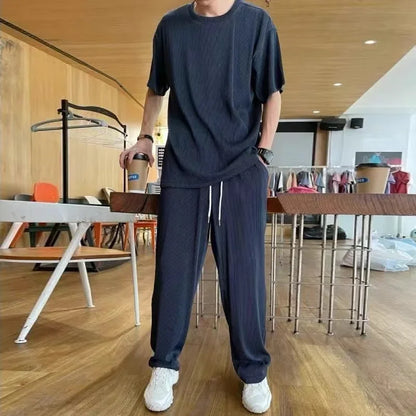 Conjunto deportivo informal de verano para hombre, de seda de hielo, con camiseta fina de manga corta y pantalones largos de secado rápido, a juego con media manga.