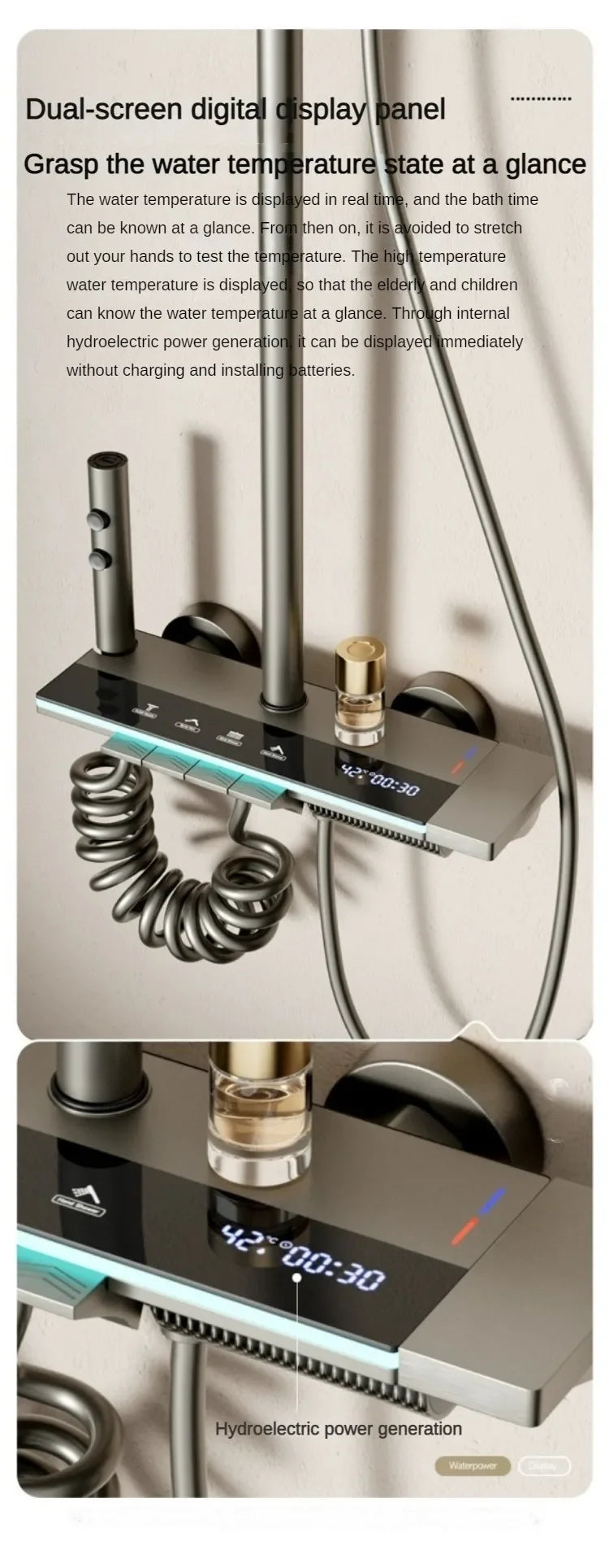 Juego de ducha gris con sistema de ducha inteligente de cuatro funciones con pantalla digital, ducha tipo lluvia a presión, grifería de pared con teclas de piano