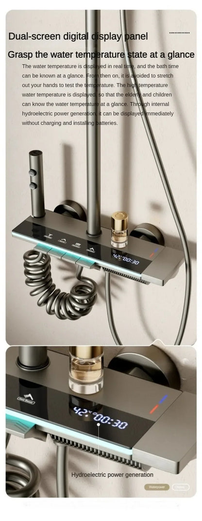 Juego de ducha gris con sistema de ducha inteligente de cuatro funciones con pantalla digital, ducha tipo lluvia a presión, grifería de pared con teclas de piano