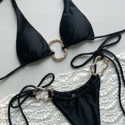Conjunto de bikini de talle alto para mujer, sexy, con cuello halter, tanga ajustable, traje de baño de color liso con anillo dorado para playa, piscina y fiesta.