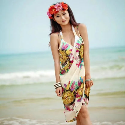 Vestido playero sexy con estampado para mujer, estilo halter, de gasa, tipo pareo, con espalda abierta