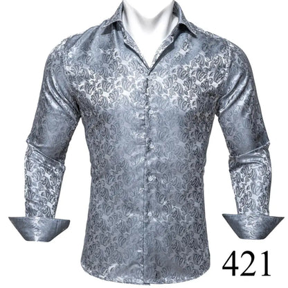 Camisas clásicas negras estampadas y bordadas para hombre, solapa de seda, manga larga, corte formal exquisito, ideales para eventos de negocios y fiestas. Barry.Wang CY-0407