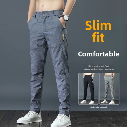 Pantalones casuales finos de verano para hombre, transpirables, de seda de hielo, elásticos, de pierna recta, holgados, de secado rápido, modernos y versátiles, largos