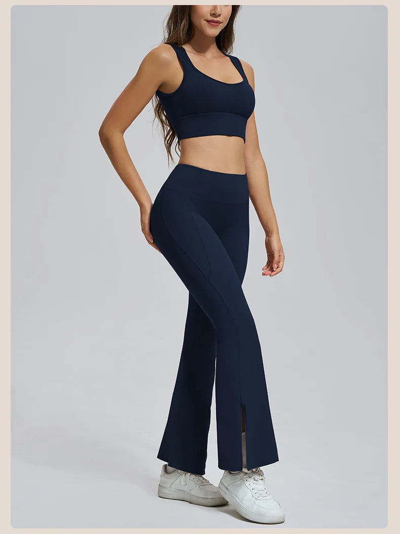 Conjuntos de yoga para mujer, sujetador deportivo con espalda hueca y amortiguación, leggings de cintura alta y acampanados, ropa de gimnasio, ropa para correr y entrenar.