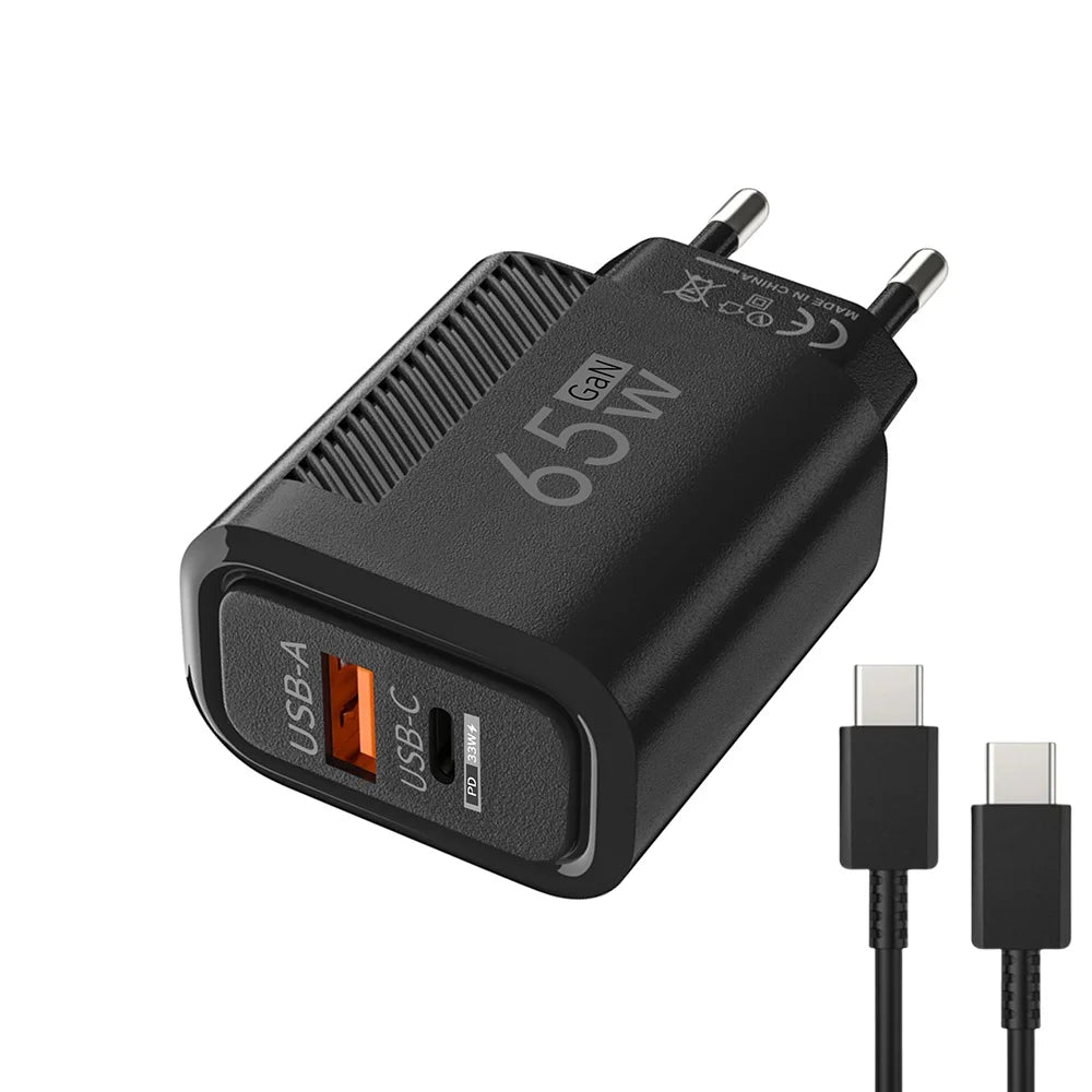 Cargador GaN USB-C de carga rápida de 65 W para teléfonos móviles, adaptador de enchufe UE/EE. UU. para iPhone, Samsung y Xiaomi, cargador de pared tipo C de carga rápida.