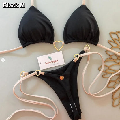 Bikini de dos piezas de color liso con escote halter y tiras, estilo triángulo, con hebilla metálica en forma de corazón. Traje de baño con cordones para mujer.