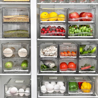 Organizador de refrigerador, contenedores apilables para refrigerador, contenedores reutilizables para almacenar alimentos, organizador de cajones para refrigerador en la cocina del hogar.
