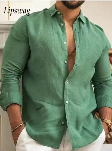 Camisa lisa de lino y algodón de color liso para hombre, camisa clásica de manga larga con solapa y botones, holgada, a la moda para primavera y verano