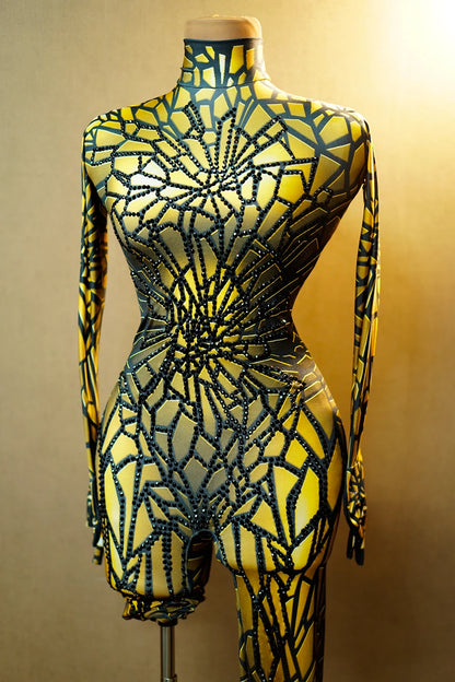 Mono con brillantes y diamantes de imitación para mujer, sexy, elástico, para baile, fiesta, cantante, escenario, cumpleaños, disfraces de Drag Queen Posui 7G