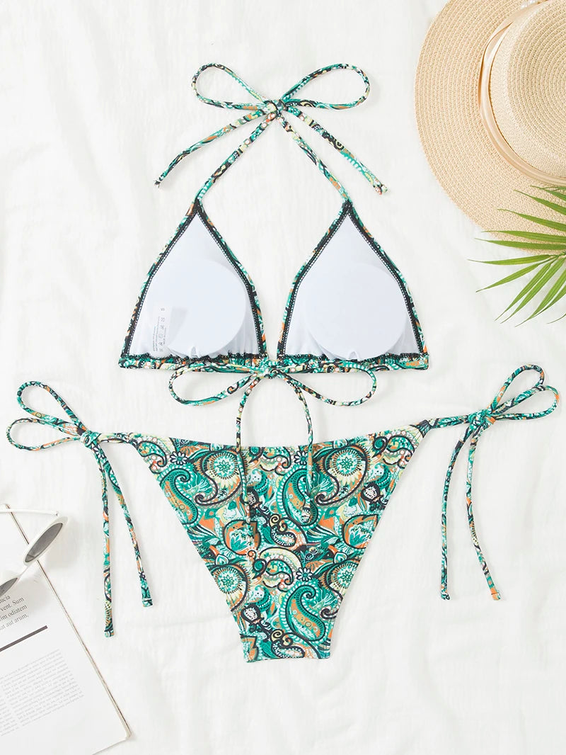 Traje de baño para mujer 2025, traje de baño de dos piezas con cuello halter, conjunto de bikini para mujer, ropa de playa de verano, traje de baño con cordón ajustable, tanga, copa triangular