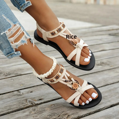 Sandalias romanas de suela plana para mujer, zapatos informales con hebilla de talla grande para exteriores, para verano de 2025