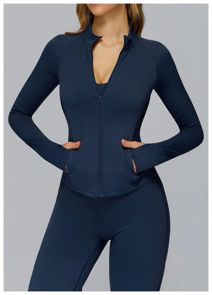 Conjunto deportivo Hearuisavy para mujer, chaqueta deportiva de manga larga con cremallera y bolsillos, ropa exterior ajustada de secado rápido para correr, pantalones de yoga de cintura alta
