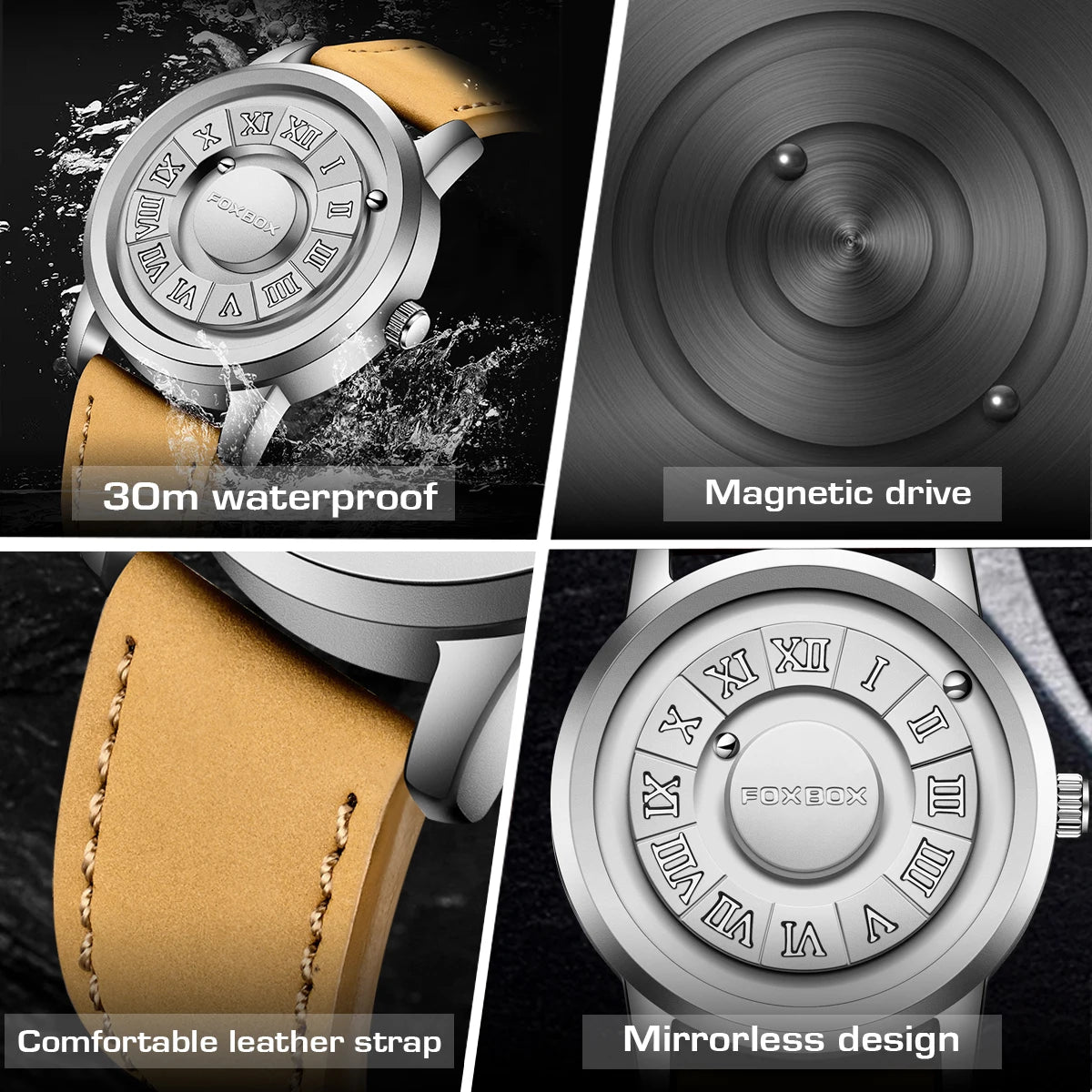 Relojes FOXBOX para hombre, marca de lujo, de cuero, resistente al agua, reloj de pulsera de cuarzo con puntero de desplazamiento y fuerza magnética.