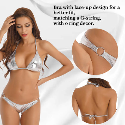 Women's Metallic Shiny Bikini Fashion Set Swimwear Pool Party Bathing Suit Top + Bottom Beachwear Women Swimsuit 2022 New