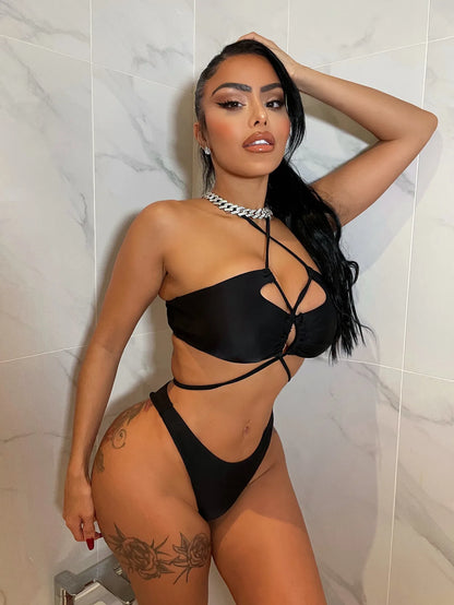 Bikini 2025 Sexy Swimwear Swimsuit Women Black Hollow Cross Straps Bikinis Set Bathing Suit Beach Bikini Female Banadores Mujer